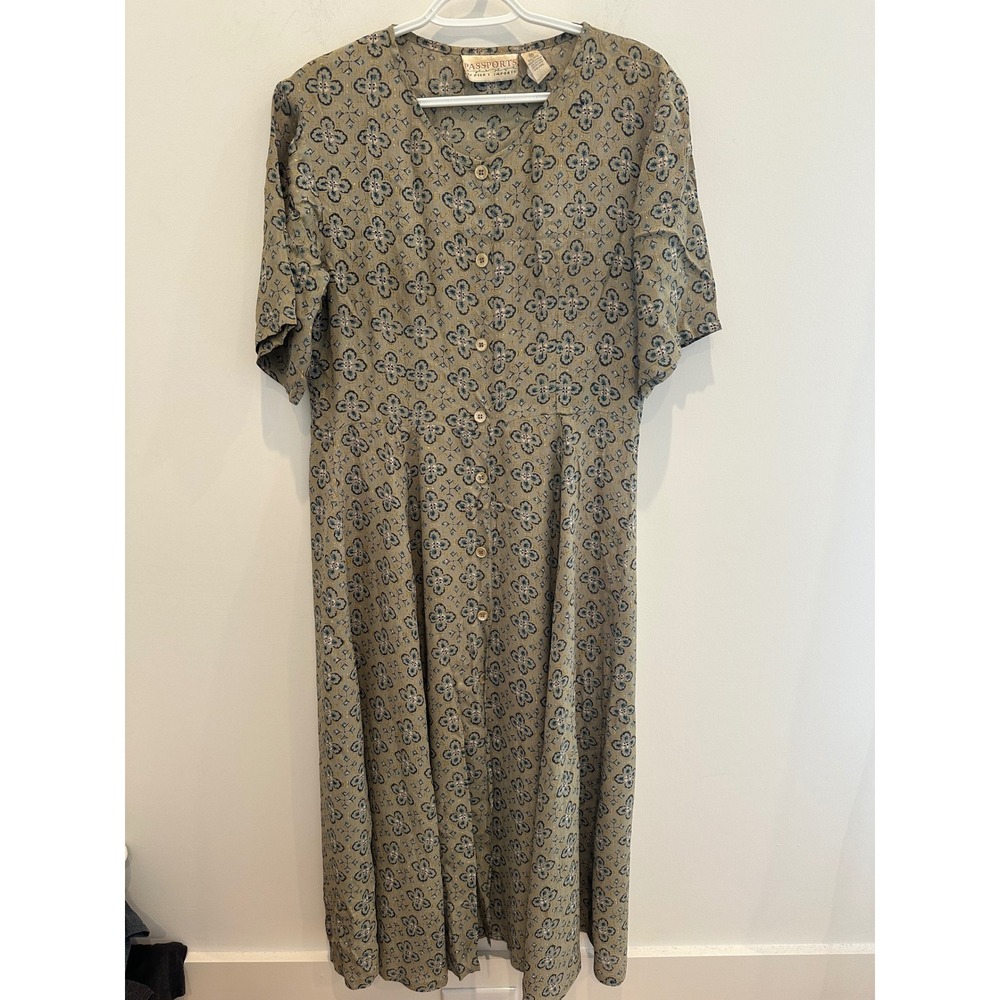 Vintage Passports Pier 1 Imports Rayon Midi Dress Green Floral Boho Button Front